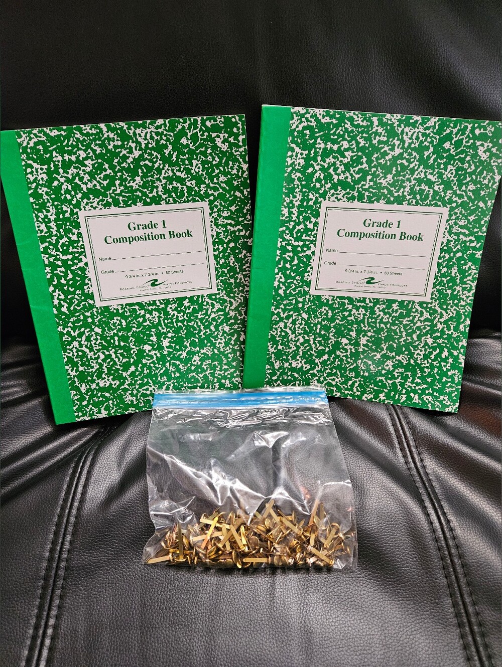 Green Grade 1 Composition Books - Pack of 2 With 100 Round Brass Paper Fasteners